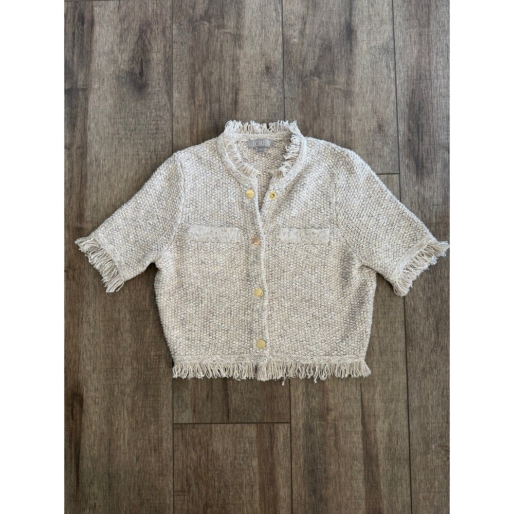 J.Crew Cropped Fringe Trim Short Sleeve Lady Jacket Marled Yarn Sweater